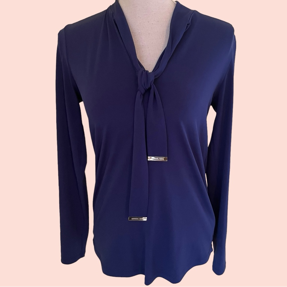 MICHAEL MIchael Kors Navy Blue Tie Neck Knit Top XS